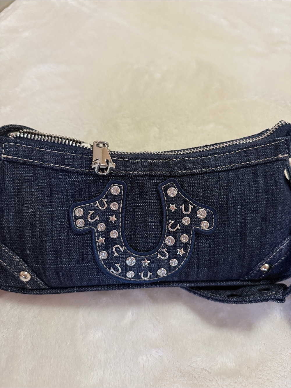 True Religion Dark Denim Studded Horseshoe Shoulder Bag Brand New - Picture 6 of 6